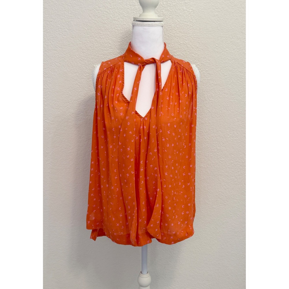 Free People Orange Pink Bird Print Tie Neck Sleeveless Blouse Top Small